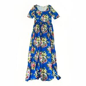 Sign Here Blue Floral Maxi Dress Size M Scoop Neck Half Sleeve